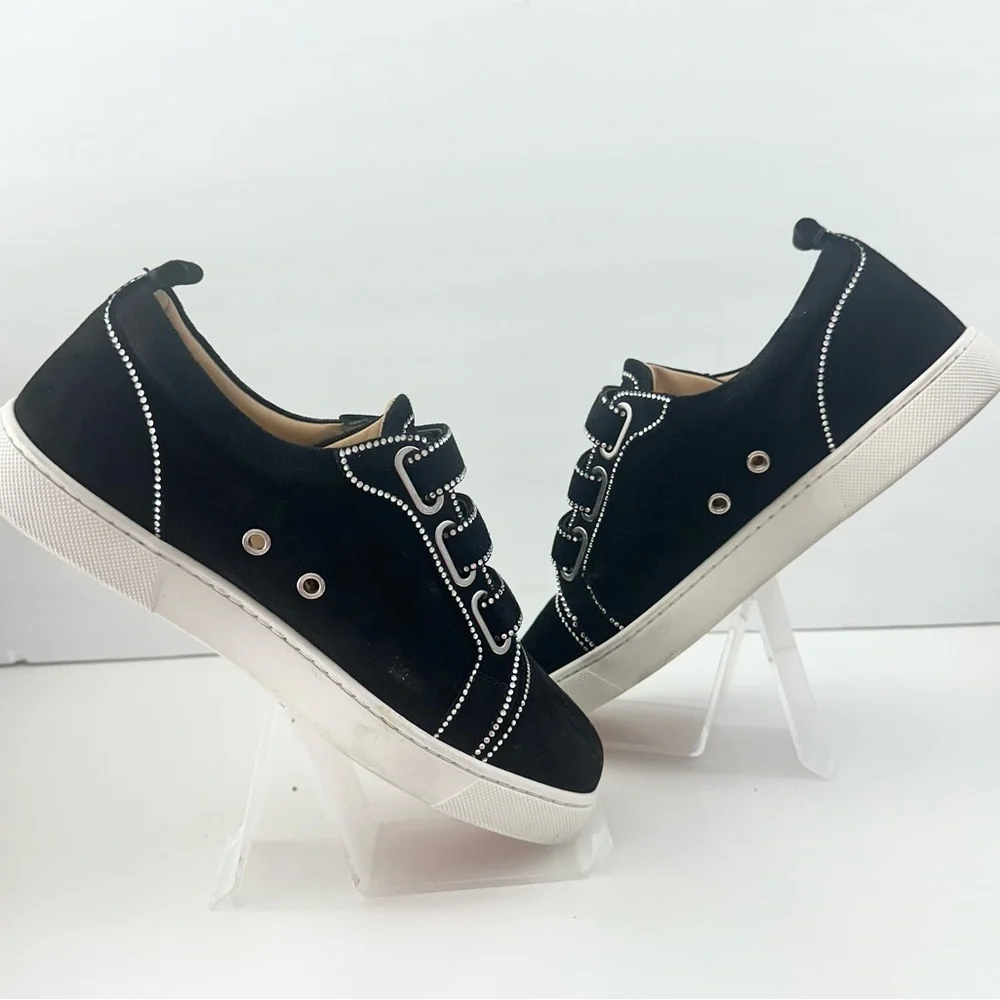 EUC! Christian Louboutin Black Suede Kiddo Bordo Crystal Velcro Sneakers 37 7 - Picture 3 of 15